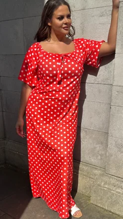 CurveWow Tie Neck Maxi Dress Red Polka Dot