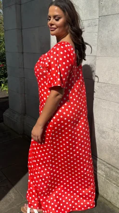CurveWow Tie Neck Maxi Dress Red Polka Dot