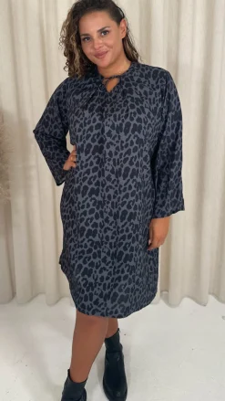 CurveWow Tie Neck Swing Dress Grey Animal
