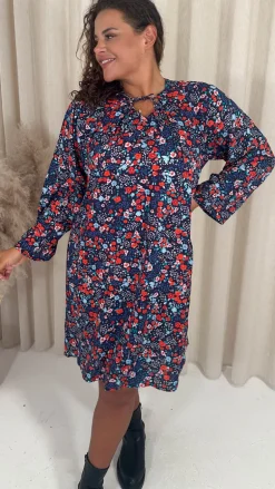 CurveWow Tie Neck Swing Dress Navy/Red Floral