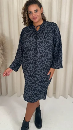 CurveWow Tie Neck Swing Dress Grey Animal