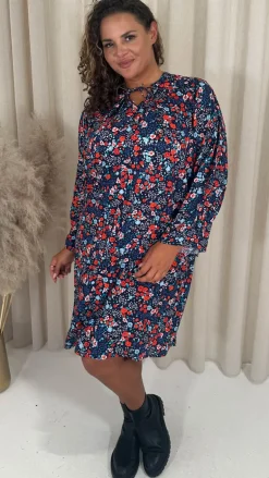 CurveWow Tie Neck Swing Dress Navy/Red Floral