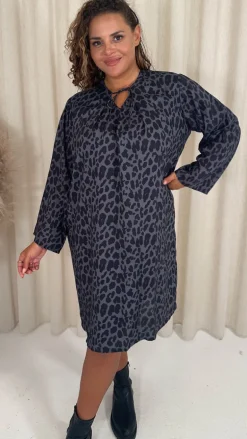 CurveWow Tie Neck Swing Dress Grey Animal