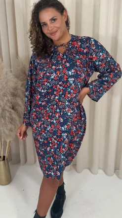 CurveWow Tie Neck Swing Dress Navy/Red Floral