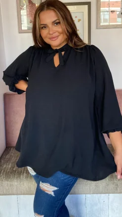 CurveWow Tie Neck Swing Top Black