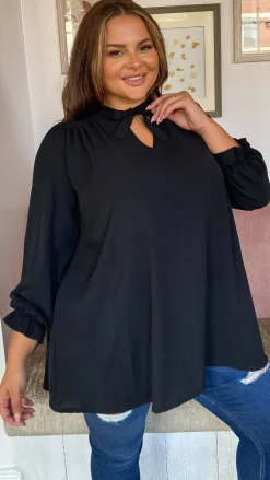 CurveWow Tie Neck Swing Top Black