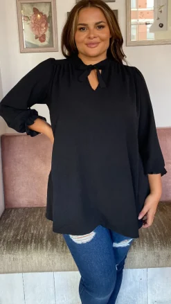 CurveWow Tie Neck Swing Top Black