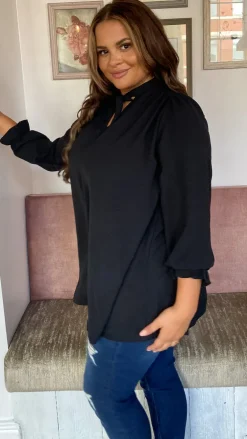 CurveWow Tie Neck Swing Top Black