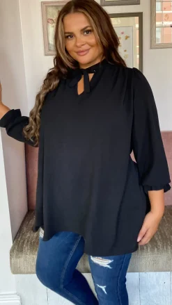 CurveWow Tie Neck Swing Top Black