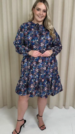 CurveWow Tie Neck Tiered Mini Dress Multi Floral