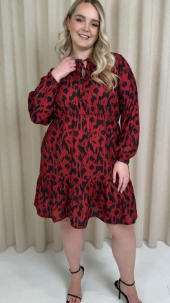 CurveWow Tie Neck Tiered Mini Dress Red Animal