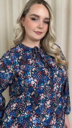 CurveWow Tie Neck Tiered Mini Dress Multi Floral