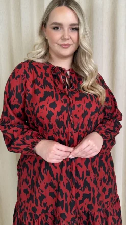 CurveWow Tie Neck Tiered Mini Dress Red Animal