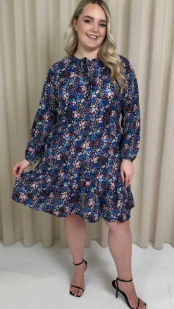 CurveWow Tie Neck Tiered Mini Dress Multi Floral