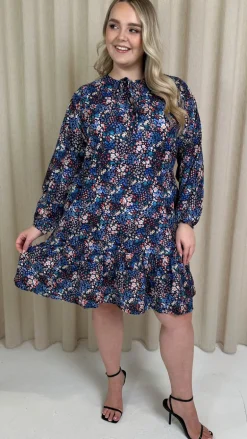 CurveWow Tie Neck Tiered Mini Dress Multi Floral