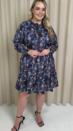 CurveWow Tie Neck Tiered Mini Dress Multi Floral