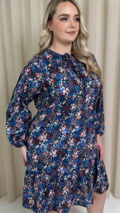 CurveWow Tie Neck Tiered Mini Dress Multi Floral