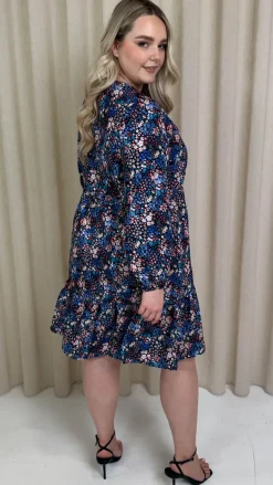 CurveWow Tie Neck Tiered Mini Dress Multi Floral