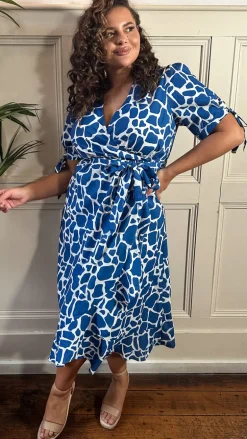 CurveWow Tie Sleeve Wrap Dress Blue