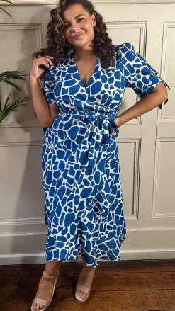 CurveWow Tie Sleeve Wrap Dress Blue