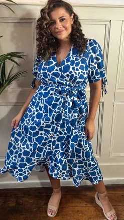 CurveWow Tie Sleeve Wrap Dress Blue