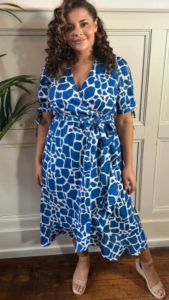 CurveWow Tie Sleeve Wrap Dress Blue