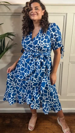 CurveWow Tie Sleeve Wrap Dress Blue