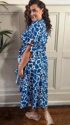 CurveWow Tie Sleeve Wrap Dress Blue