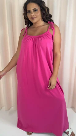 CurveWow Tie Strap Maxi Dress Fuchsia
