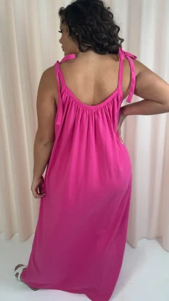 CurveWow Tie Strap Maxi Dress Fuchsia