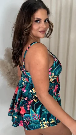 CurveWow Tie Tankini Top Black Floral