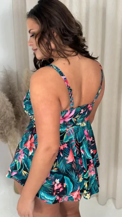 CurveWow Tie Tankini Top Black Floral