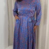 CurveWow Tie Waist Crew Neck Midi Dress Blue Animal