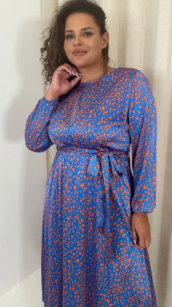 CurveWow Tie Waist Crew Neck Midi Dress Blue Animal