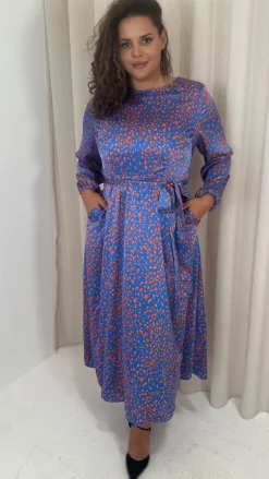 CurveWow Tie Waist Crew Neck Midi Dress Blue Animal