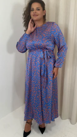 CurveWow Tie Waist Crew Neck Midi Dress Blue Animal