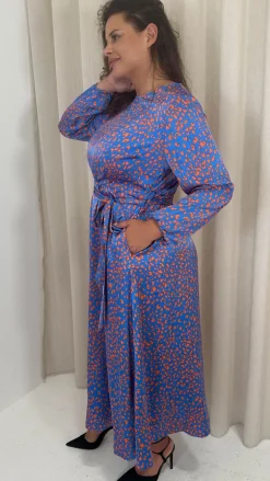 CurveWow Tie Waist Crew Neck Midi Dress Blue Animal