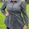 CurveWow Tie Waist Denim Blouse Black Wash