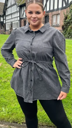 CurveWow Tie Waist Denim Blouse Black Wash