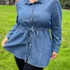 CurveWow Tie Waist Denim Blouse Blue