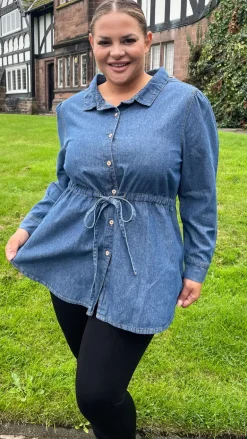 CurveWow Tie Waist Denim Blouse Blue