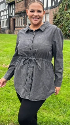 CurveWow Tie Waist Denim Blouse Black Wash