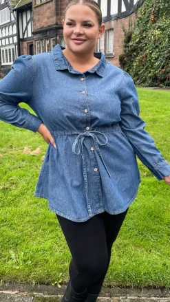 CurveWow Tie Waist Denim Blouse Blue