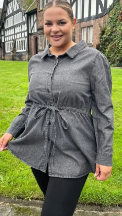 CurveWow Tie Waist Denim Blouse Black Wash