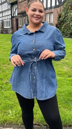 CurveWow Tie Waist Denim Blouse Blue