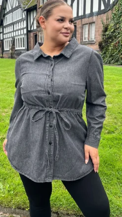 CurveWow Tie Waist Denim Blouse Black Wash