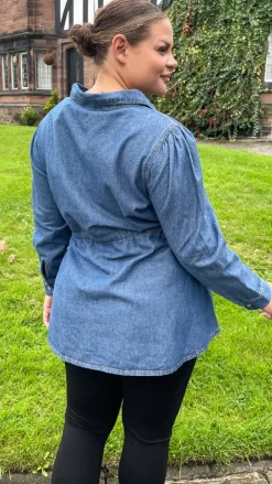CurveWow Tie Waist Denim Blouse Blue