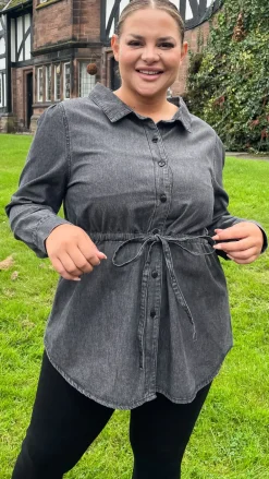 CurveWow Tie Waist Denim Blouse Black Wash