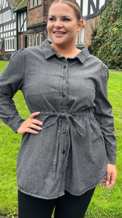 CurveWow Tie Waist Denim Blouse Black Wash