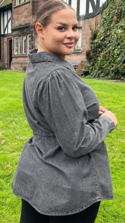 CurveWow Tie Waist Denim Blouse Black Wash